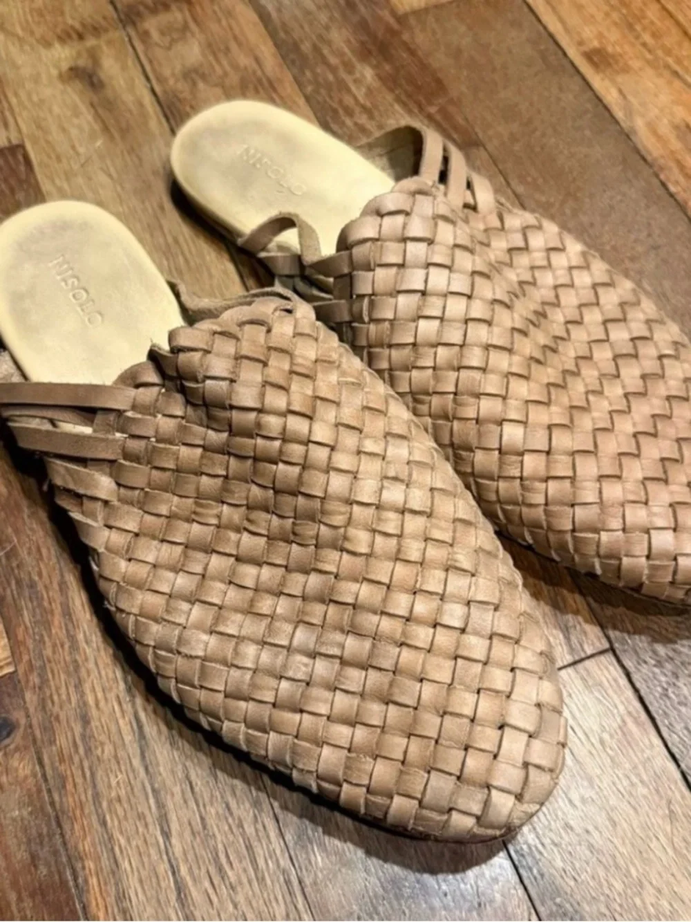 Nisolo Woven Leather Mule Flats in Taupe Brown